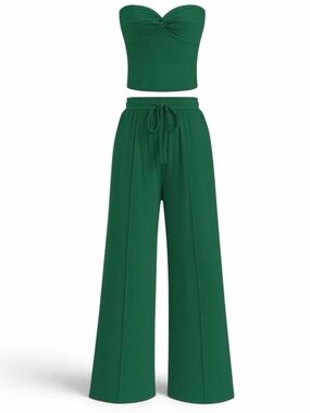 BTFBM Ribbed Strapless Two Piece Set Twist Knot Tube Crop Size XS Green